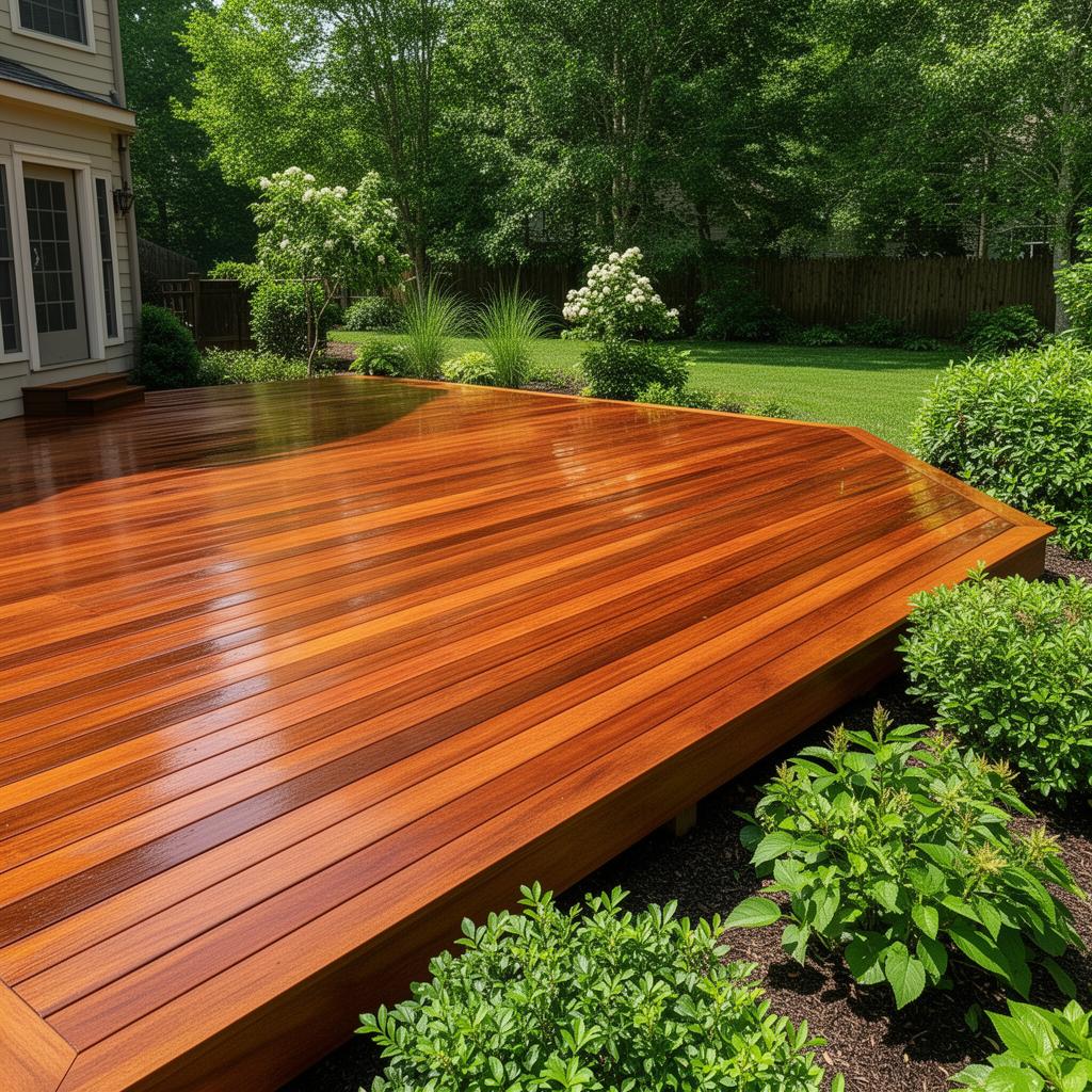 Freshly stained backyard deck